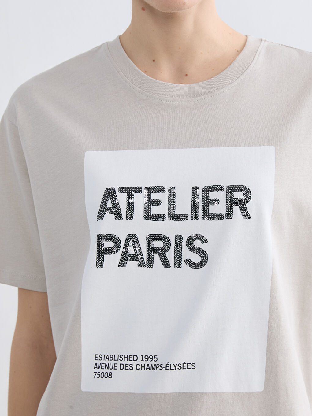 Gri Paris Baskılı Oversize Kadın Tişört-2