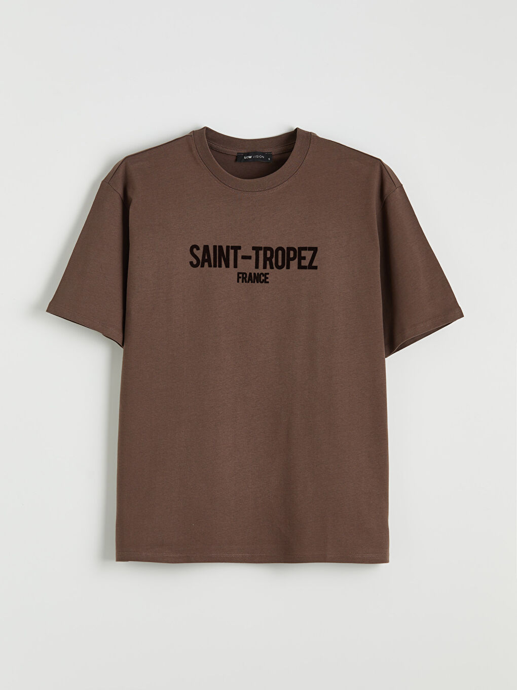 Kahverengi Saint-Tropez Baskılı Oversize Kadın Tişört-4