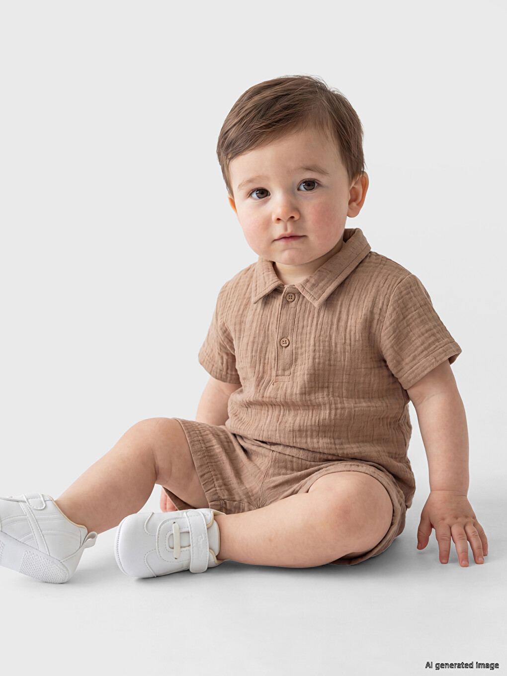Kahverengi Erkek Bebek Polo Yaka Tişört ve Şort Takım-1