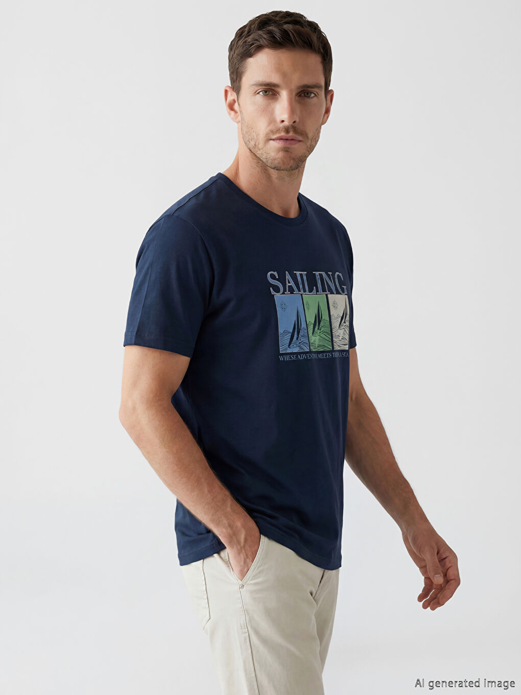 تي شيرت جيرسي مطبوع برقبة مستديرة للرجال