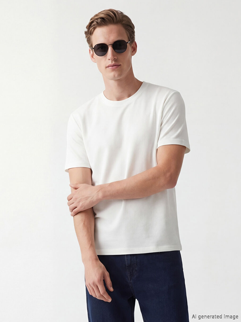 Beyaz Bisiklet Yaka Strüktürlü Erkek Tişört