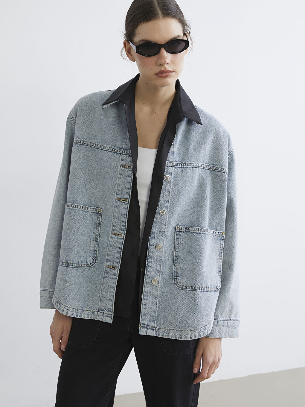 İndigo Gömlek Yaka Oversize Kadın Jean Ceket