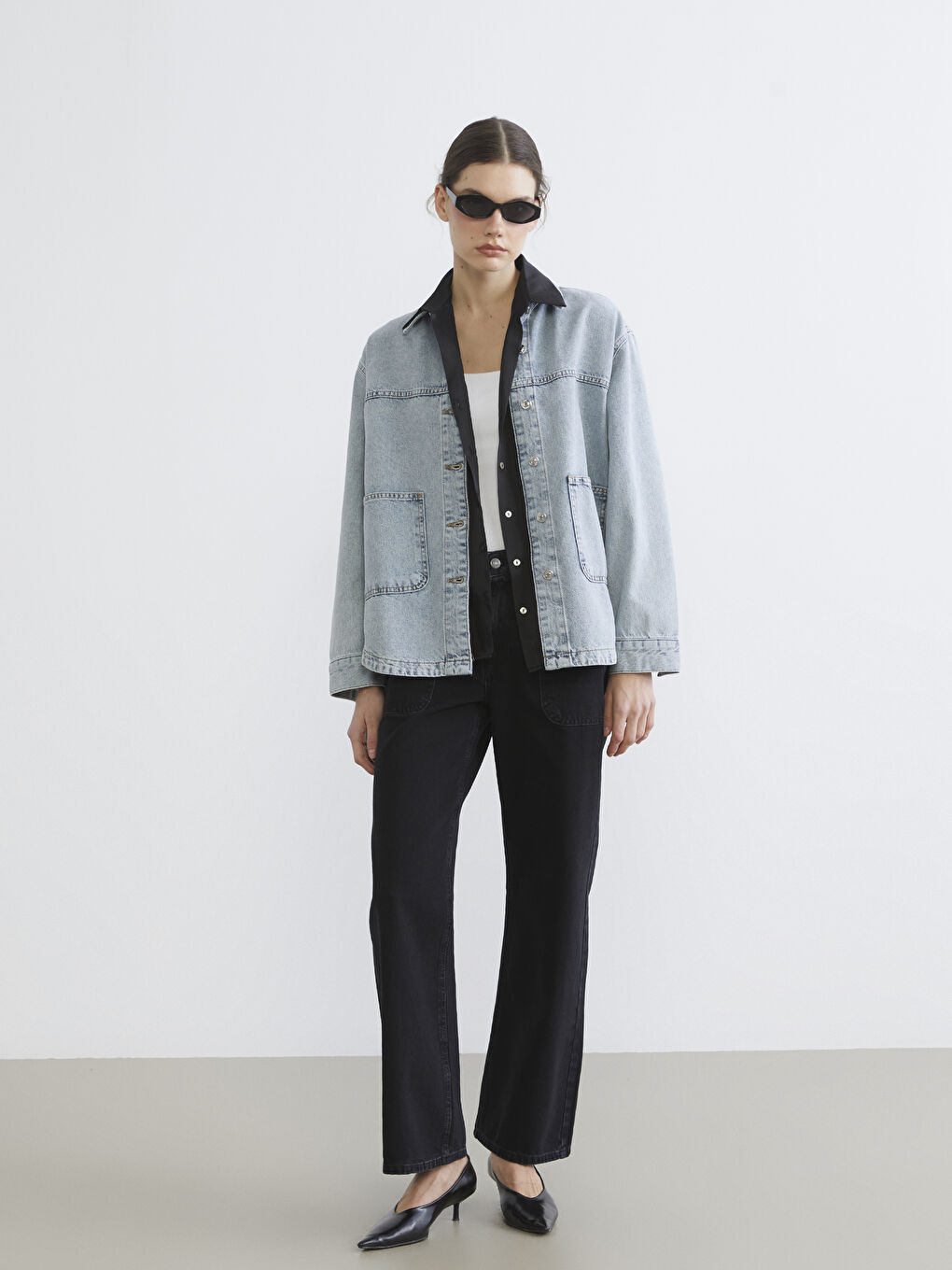 İndigo Gömlek Yaka Oversize Kadın Jean Ceket-1