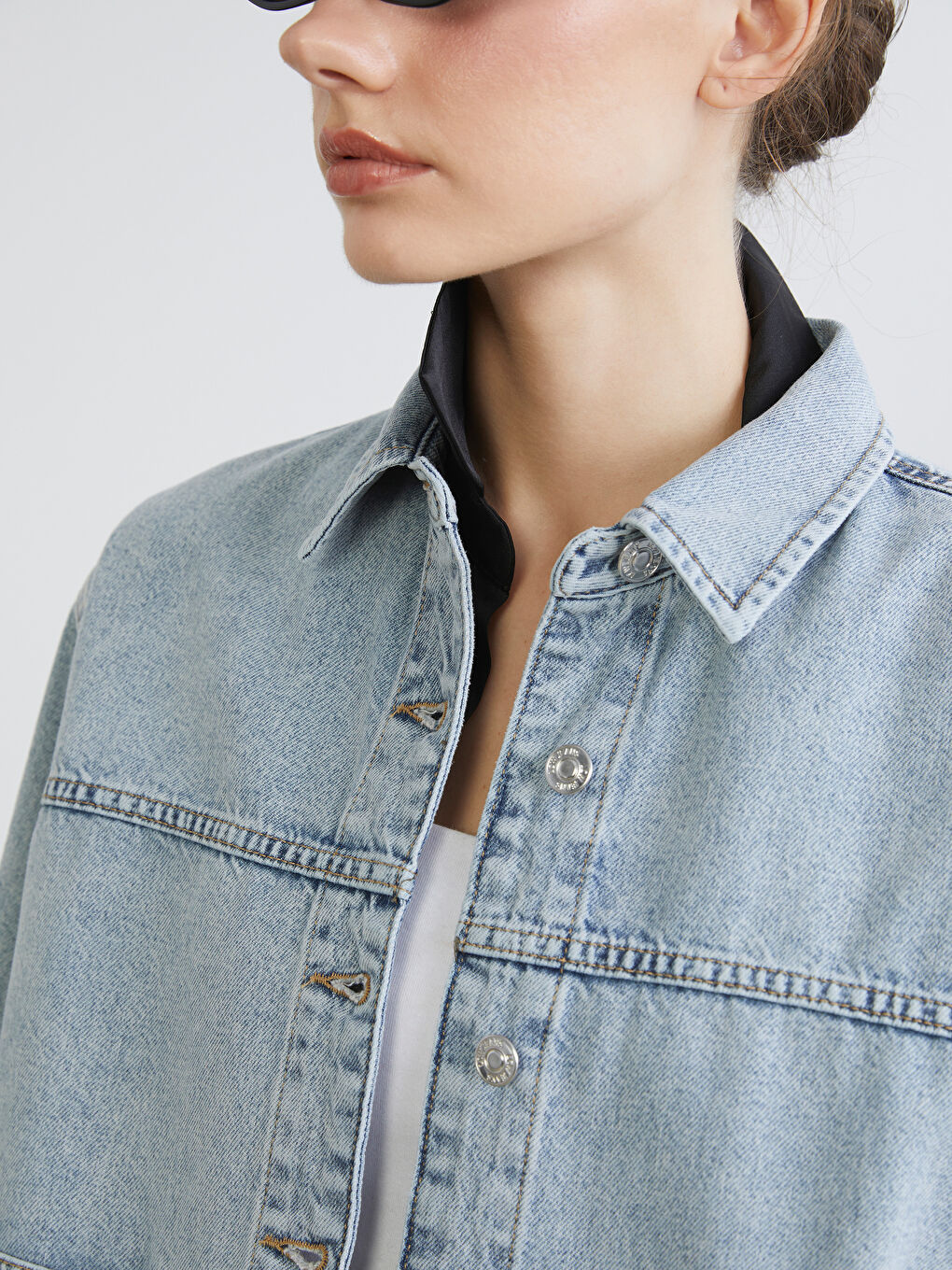 İndigo Gömlek Yaka Oversize Kadın Jean Ceket-2