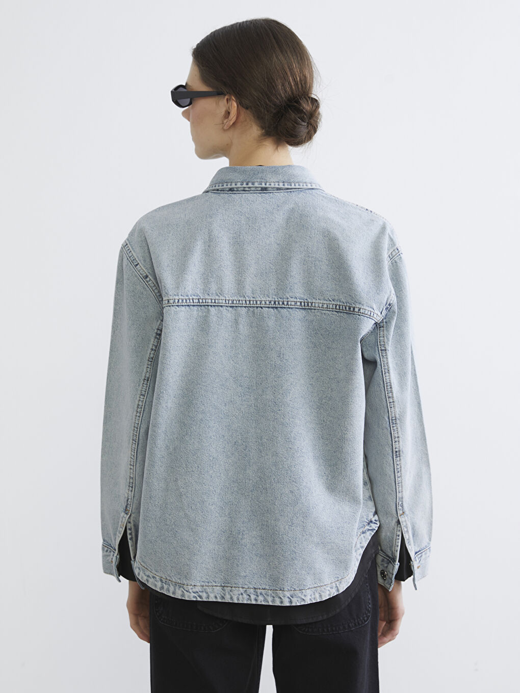 İndigo Gömlek Yaka Oversize Kadın Jean Ceket-3
