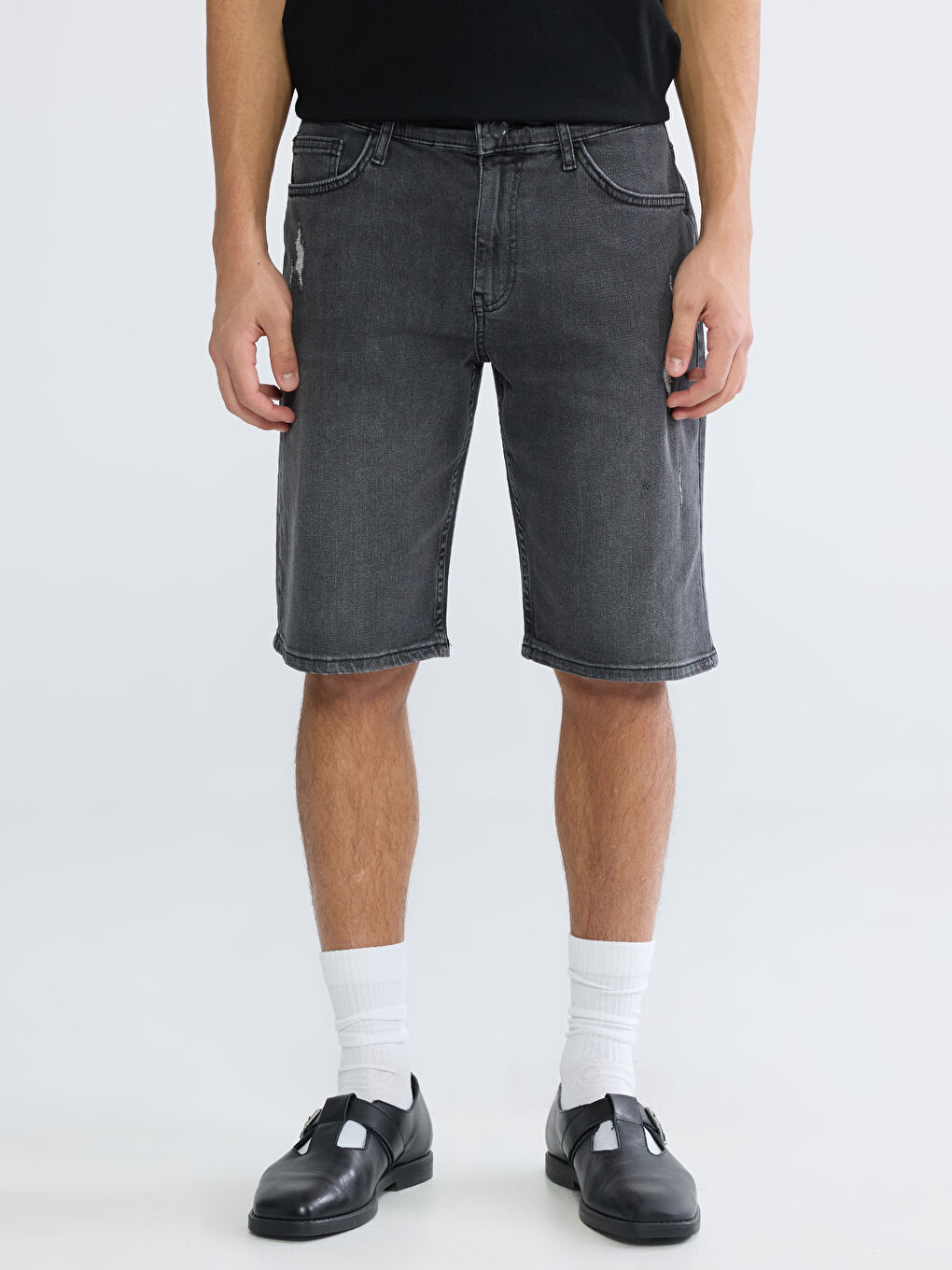 Antrasit Standart Kalıp Erkek Jean Şort-1