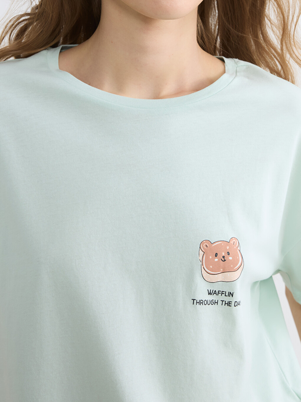 Turkuaz Bisiklet Yaka Baskılı Kadın Pijama Üst-1