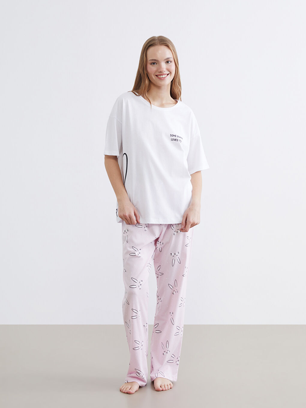 Pembe Bisiklet Yaka Baskılı Kadın Pijama Takım