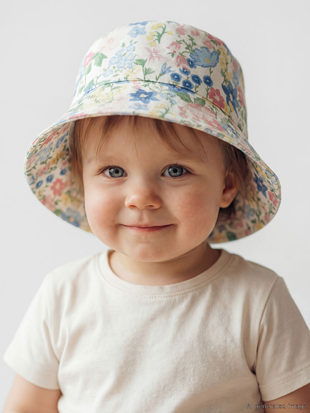 Ekru Çiçek Baskılı Kız Bebek Bucket Şapka 