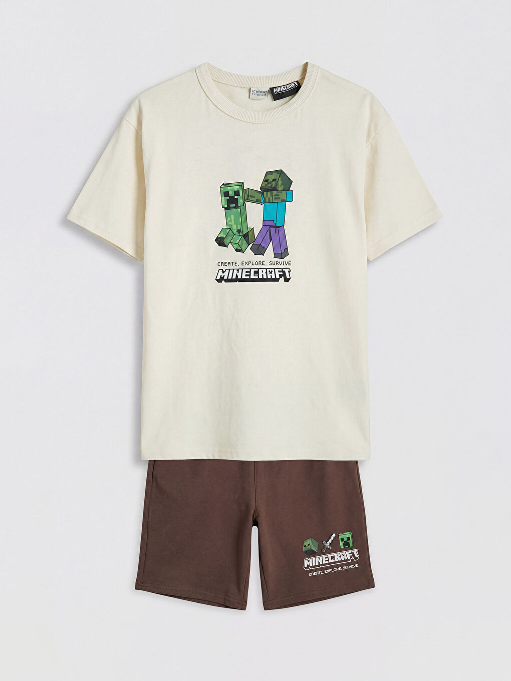 Bej Minecraft Baskılı Erkek Çocuk Şortlu Takım