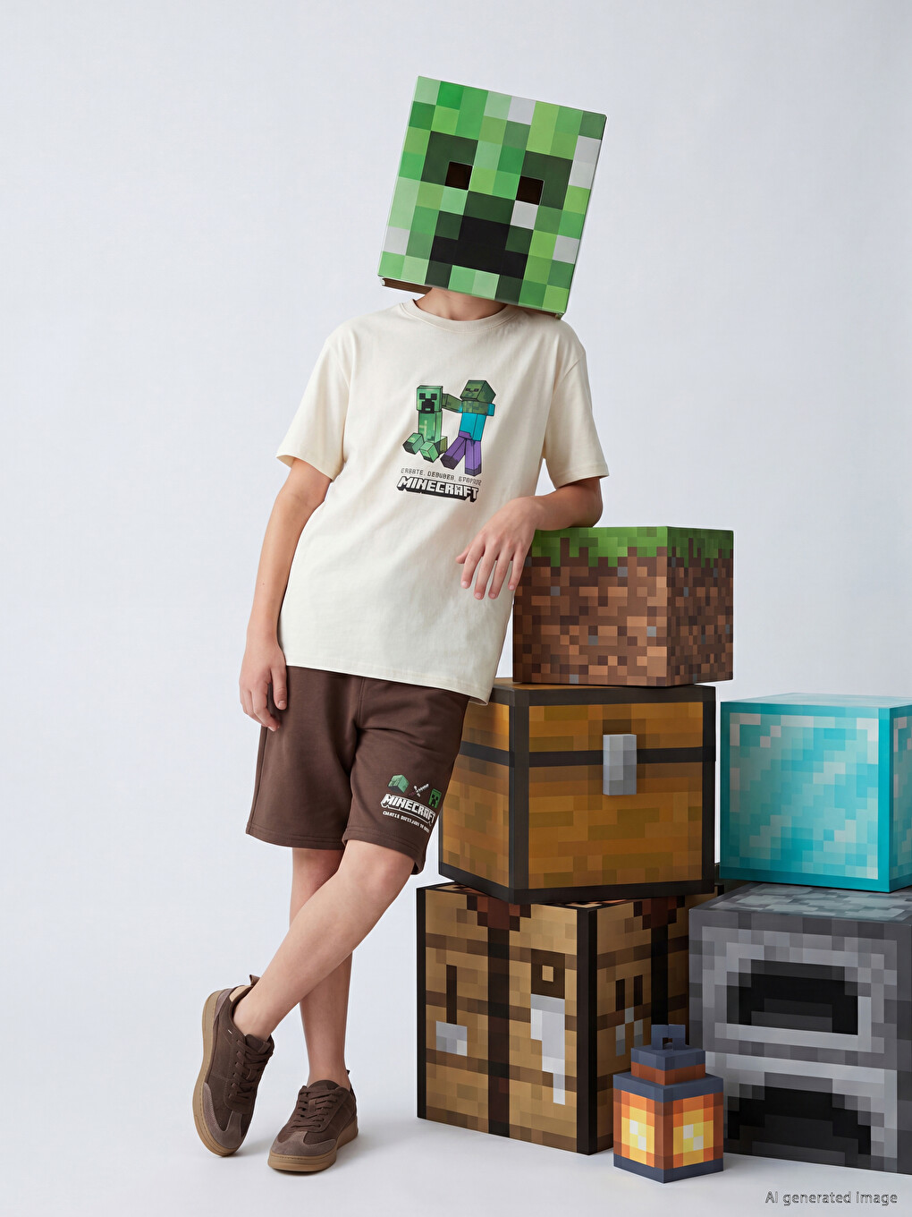 Minecraft Komplet i stampuar për djem me pantallona të shkurtra-2