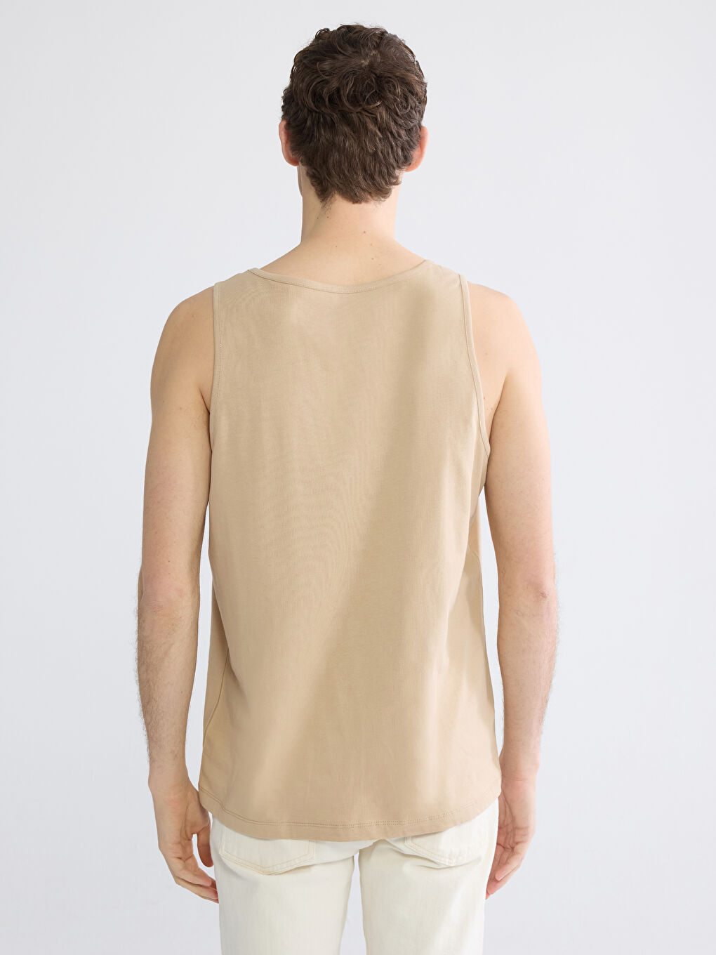 Bej U Yaka Baskılı Erkek Kolsuz Tişört-3