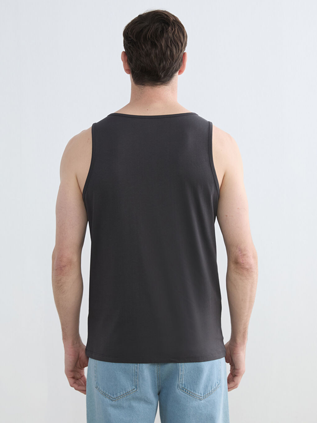 Antrasit U Yaka Baskılı Erkek Kolsuz Tişört-3