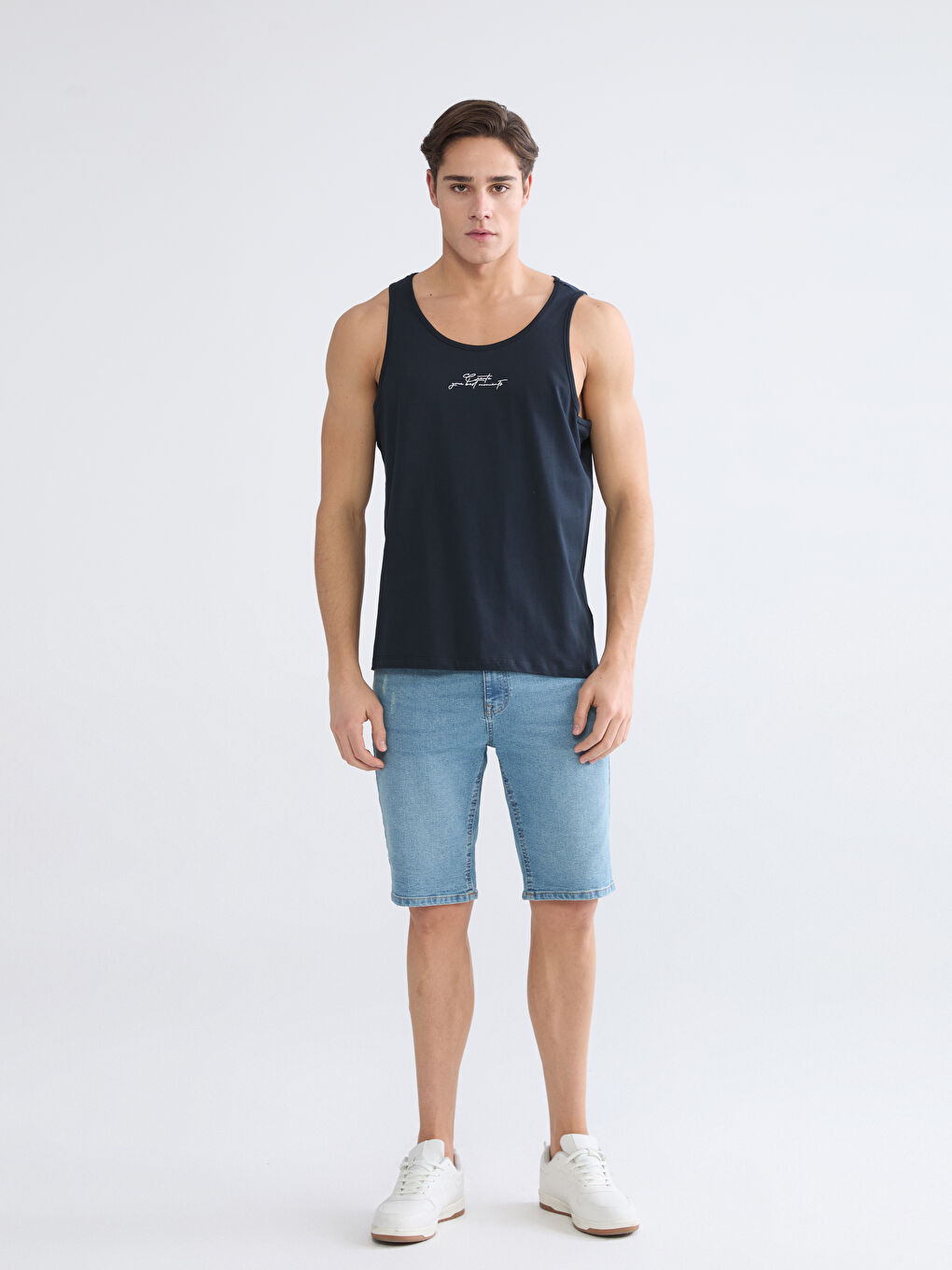 Lacivert U Yaka Baskılı Erkek Kolsuz Tişört-1