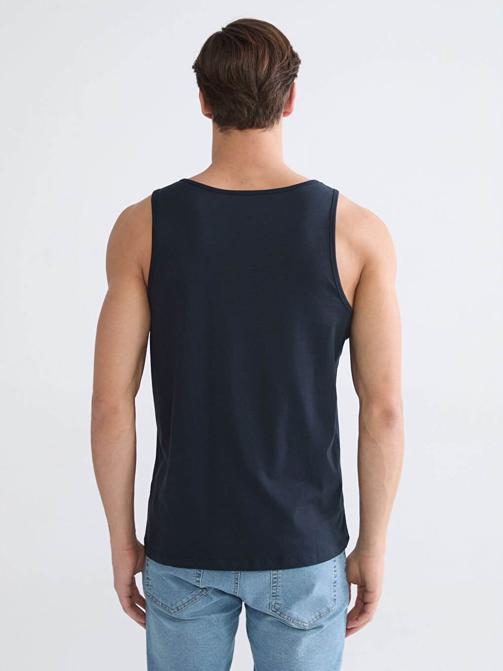 Lacivert U Yaka Baskılı Erkek Kolsuz Tişört-3