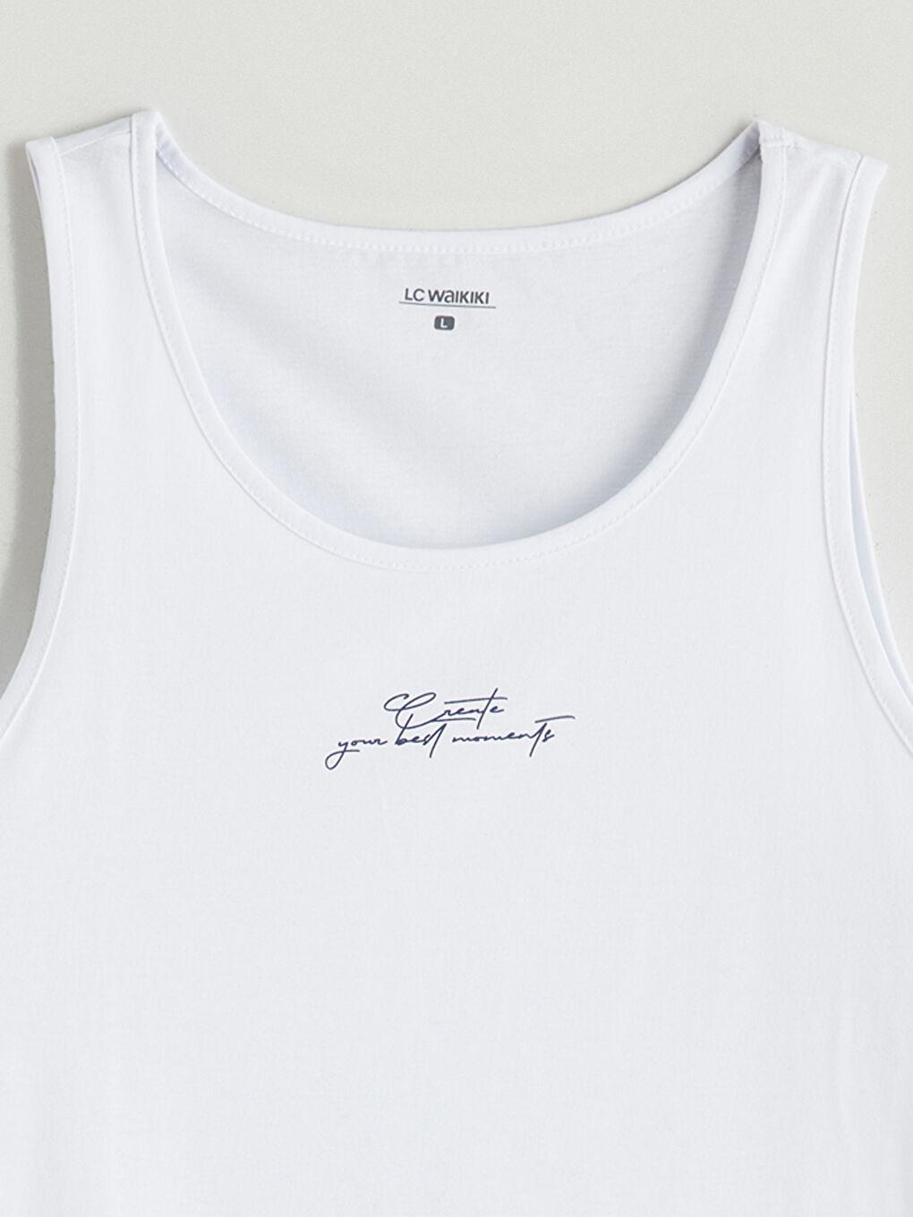 Beyaz U Yaka Baskılı Erkek Kolsuz Tişört-5