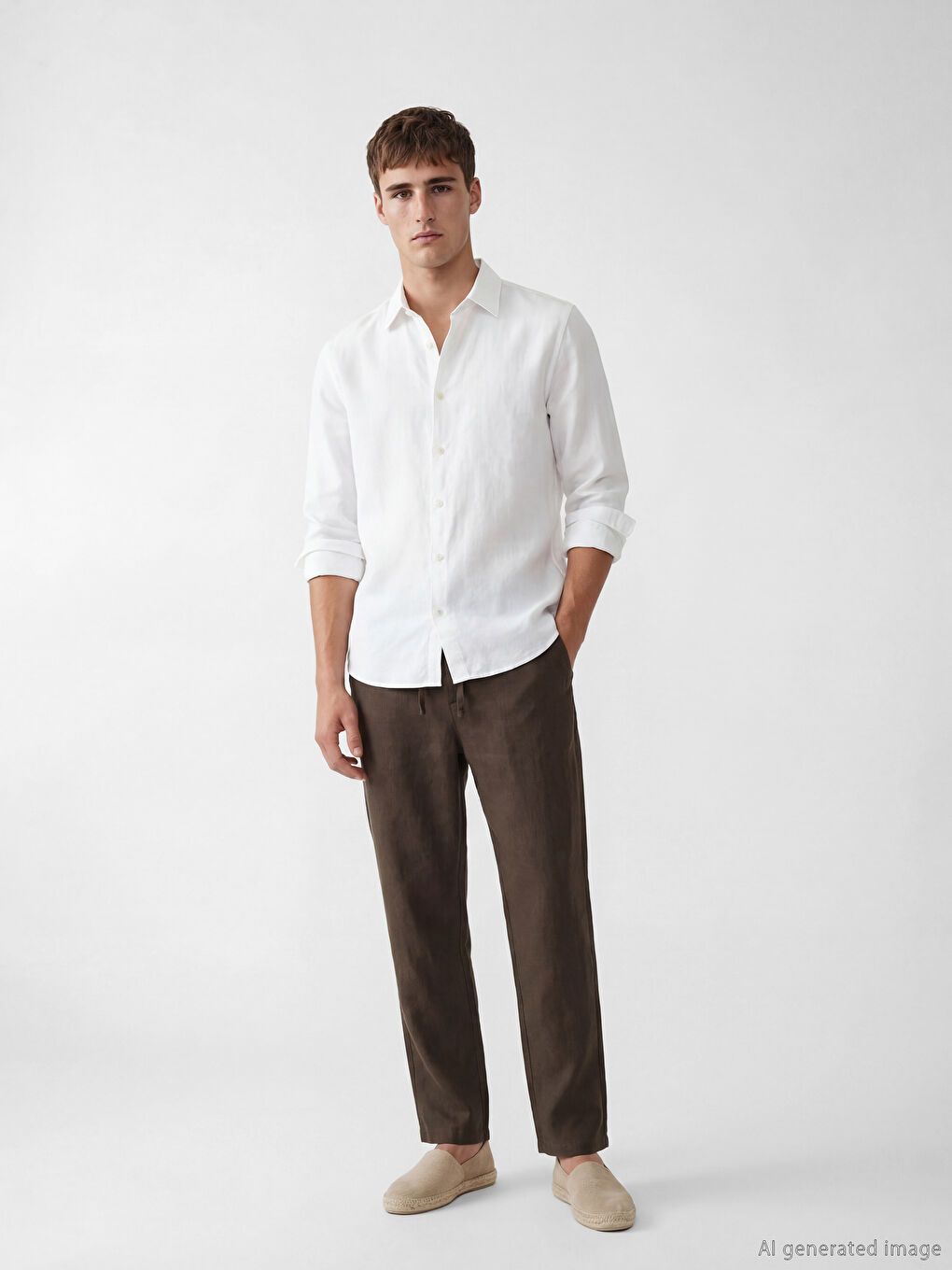 Kahverengi Standart Kalıp Erkek Keten Pantolon