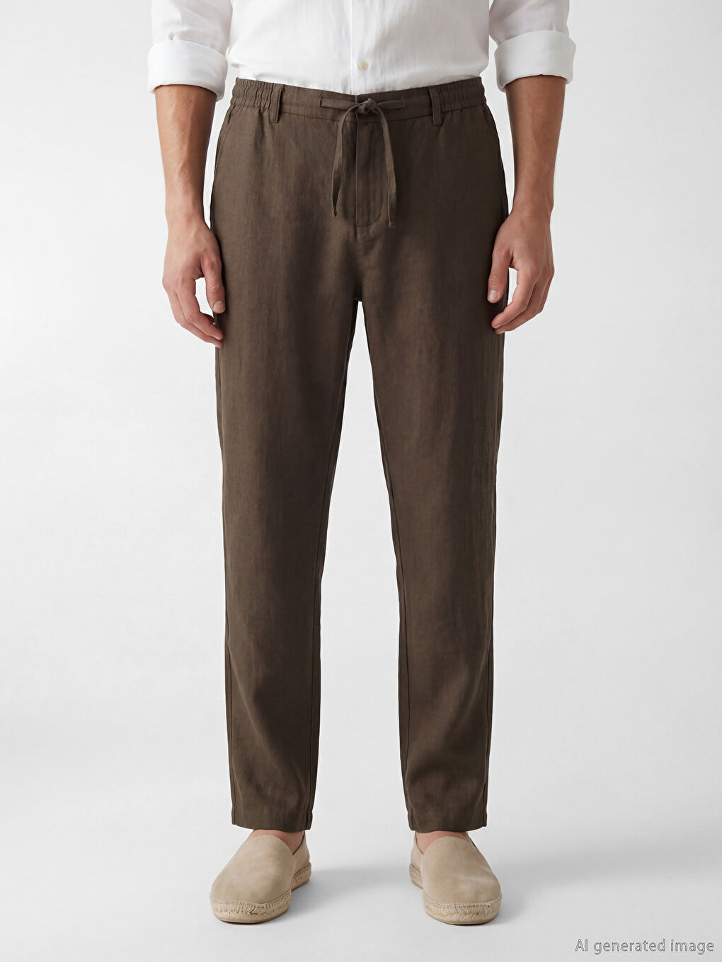 Kahverengi Standart Kalıp Erkek Keten Pantolon-1