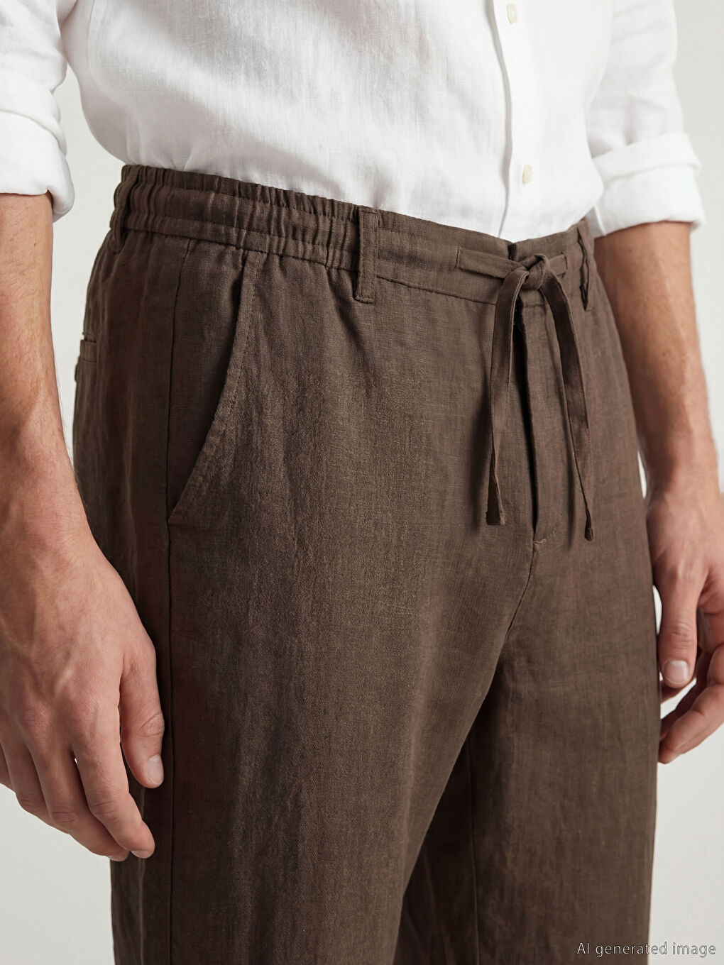 Kahverengi Standart Kalıp Erkek Keten Pantolon-2