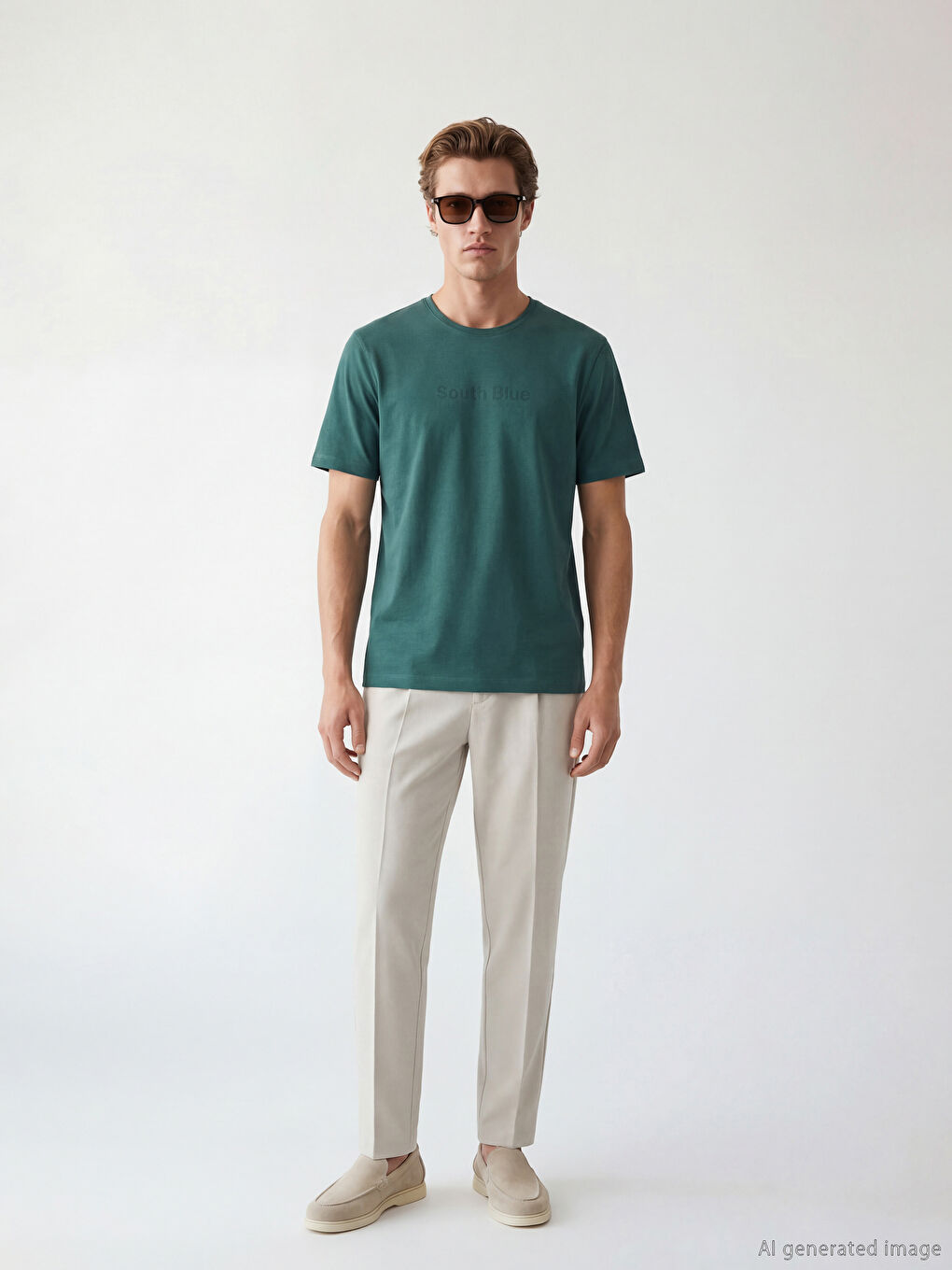 Yeşil Bisiklet Yaka Baskılı Penye Erkek Tişört-1