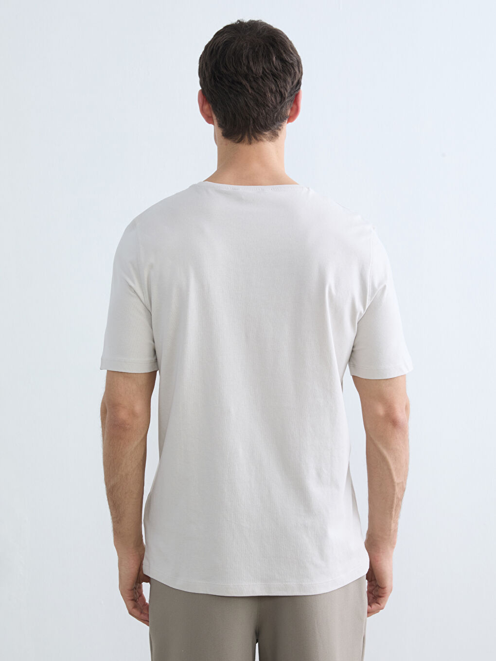 Bej Bisiklet Yaka Baskılı Penye Erkek Tişört-3