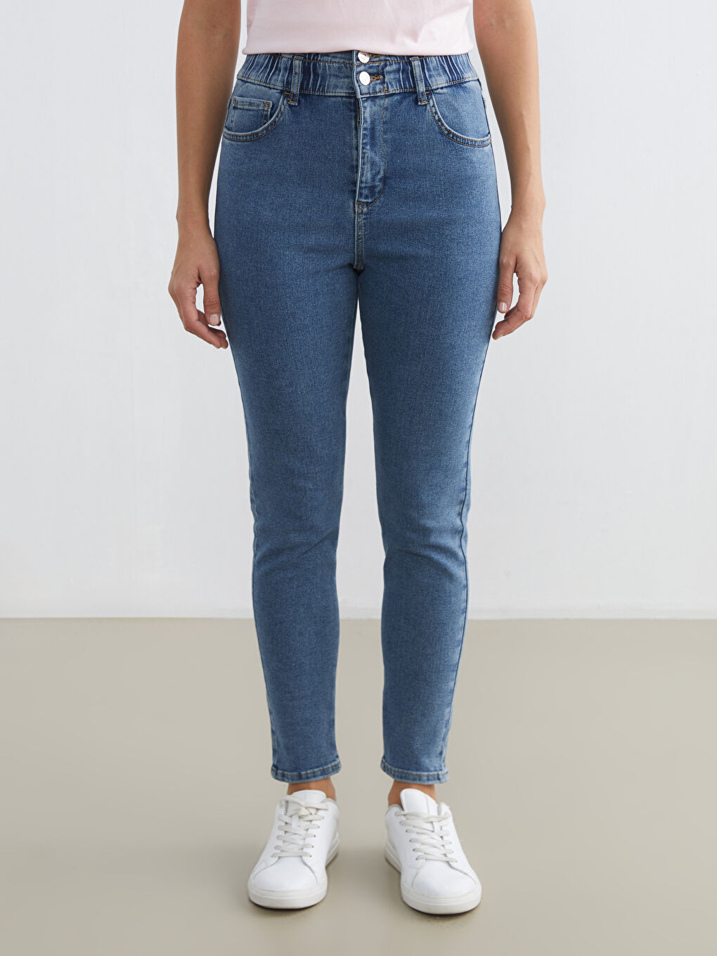 İndigo Yüksek Bel Slim Mom Kadın Jean Pantolon-1