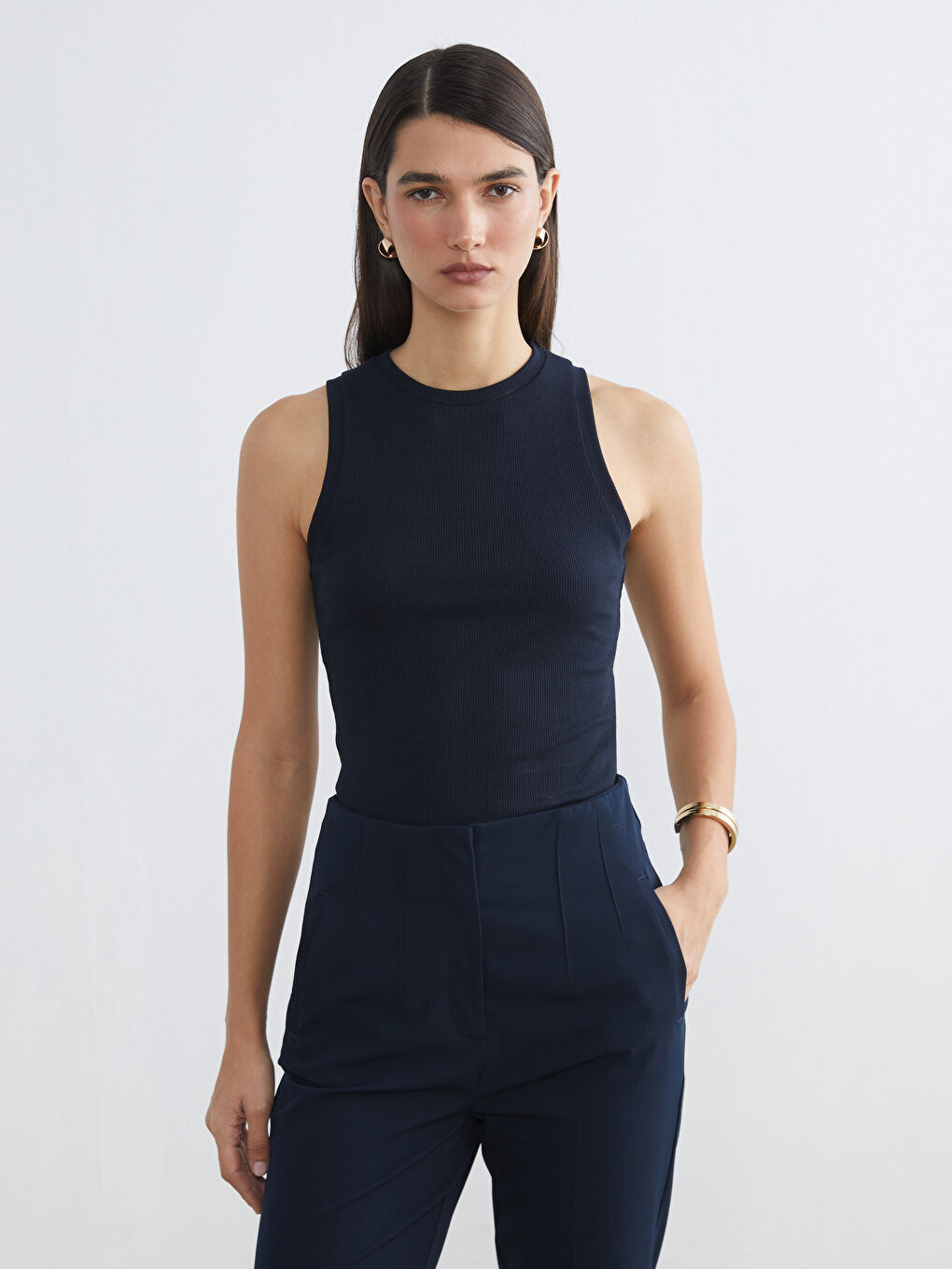 Lacivert Bisiklet Yaka Dokulu Kadın Atlet