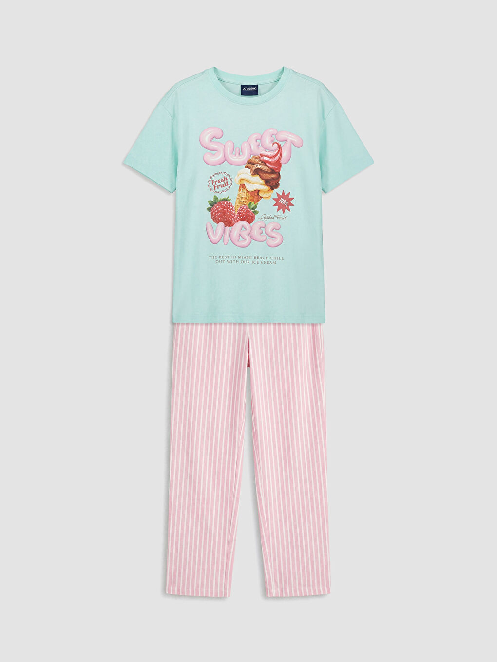 Turkuaz Bisiklet Yaka Baskılı Kız Çocuk Pijama Takımı