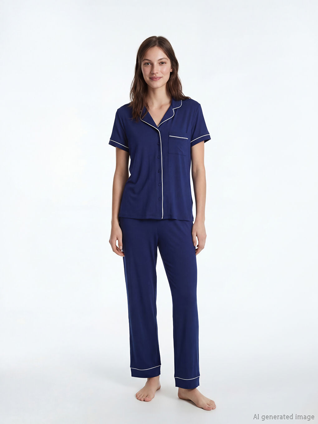Lacivert Gömlek Yaka Kadın Pijama Takım-1
