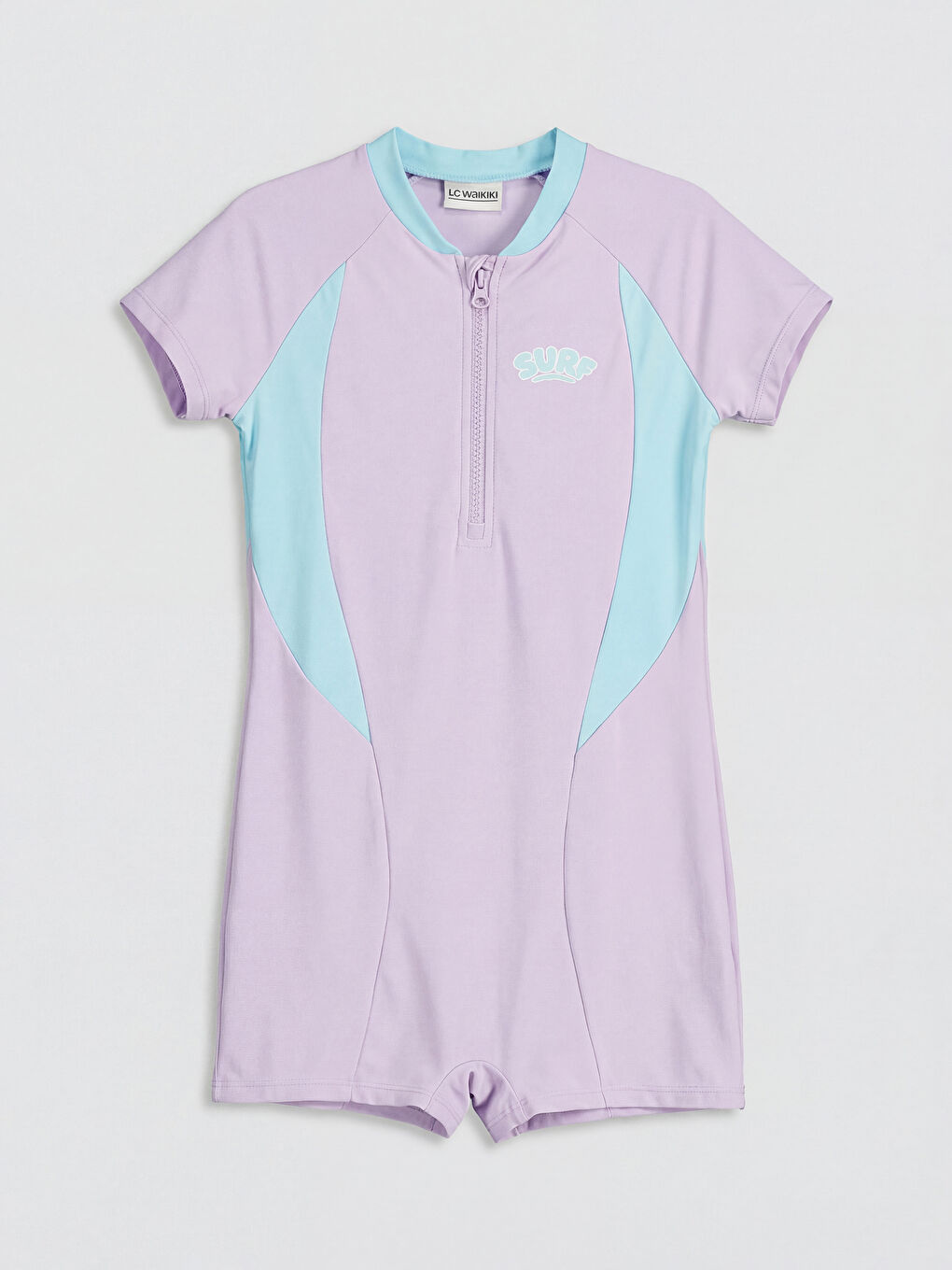 Lila Renk Bloklu Dik Yaka Kız Çocuk Mayo-3