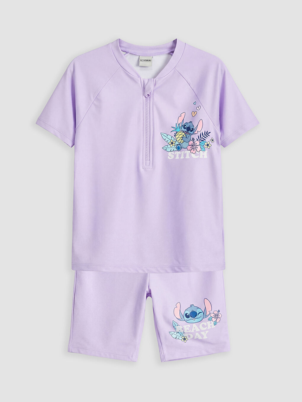 Lila Stitch Baskılı Kız Çocuk Şortlu Bikini