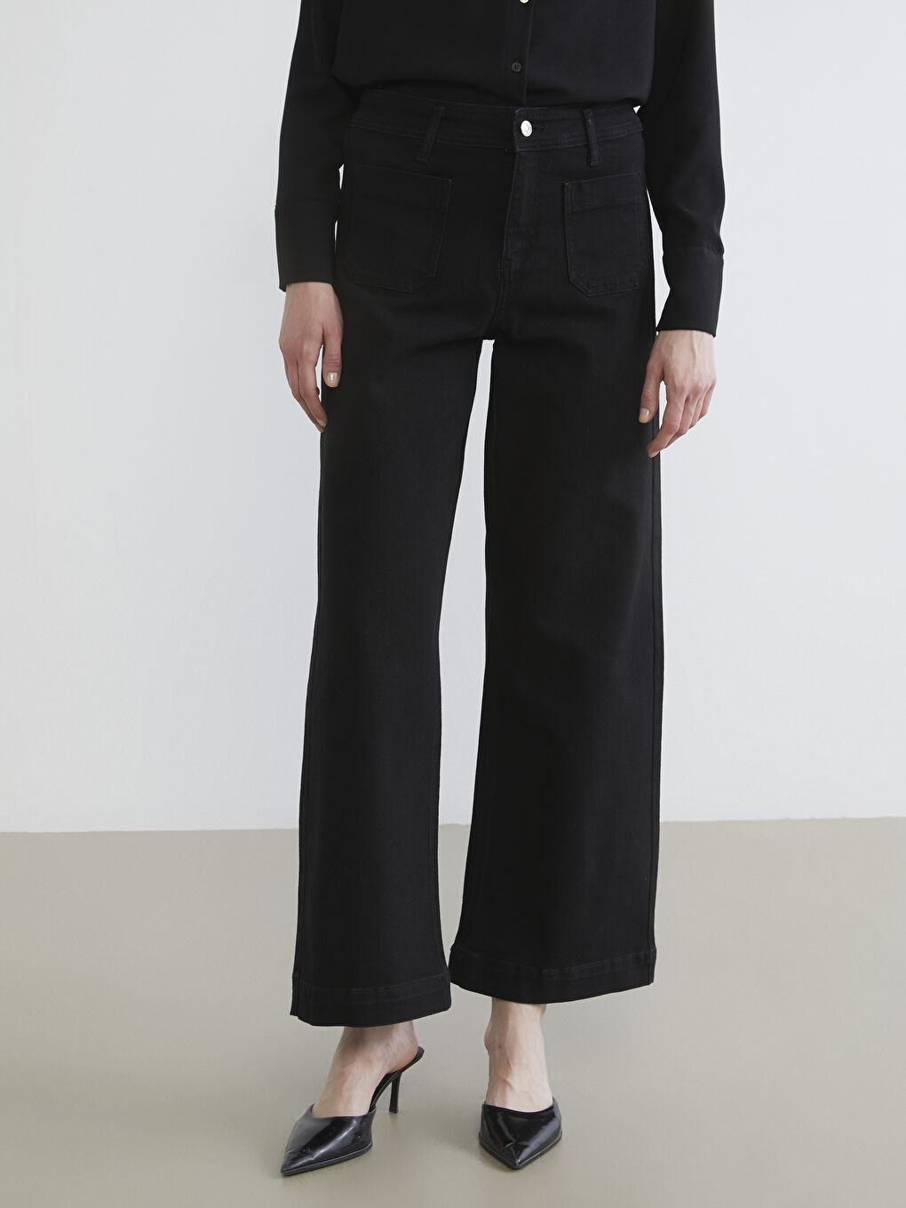 Siyah Wideleg Kadın Jean Pantolon-1