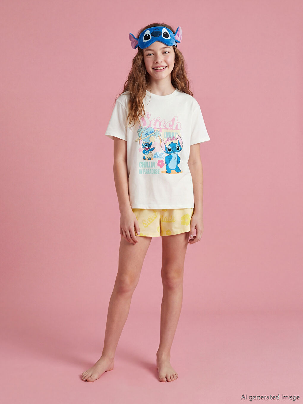 Ekru Stitch Baskılı Kız Çocuk Şortlu Pijama Takımı