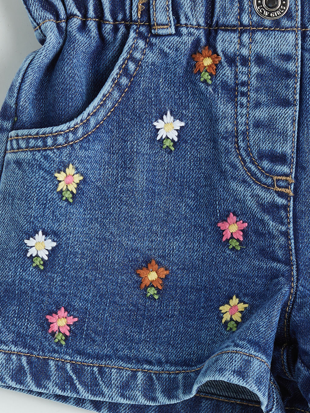 شورت جينز بناتي مطرز بالزهور بخصر مرن-2