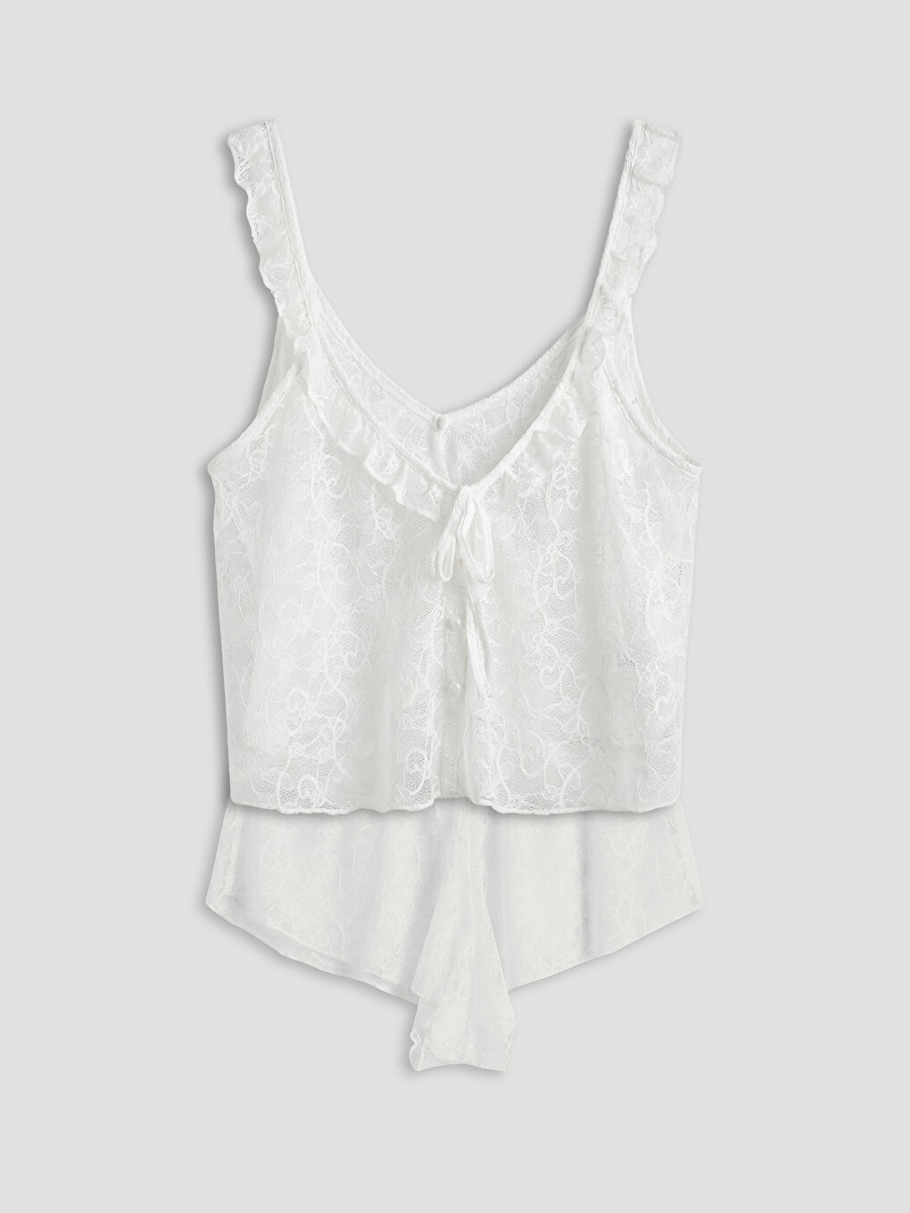 Beyaz V Yaka Dantelli Kadın Şortlu Pijama Takımı