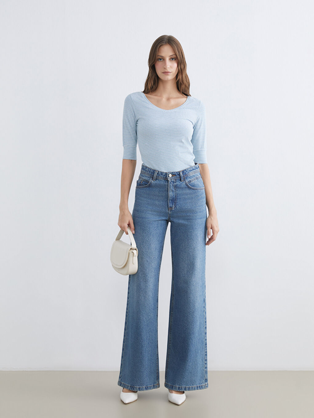 V Neck Striped Women's T-Shirt-1