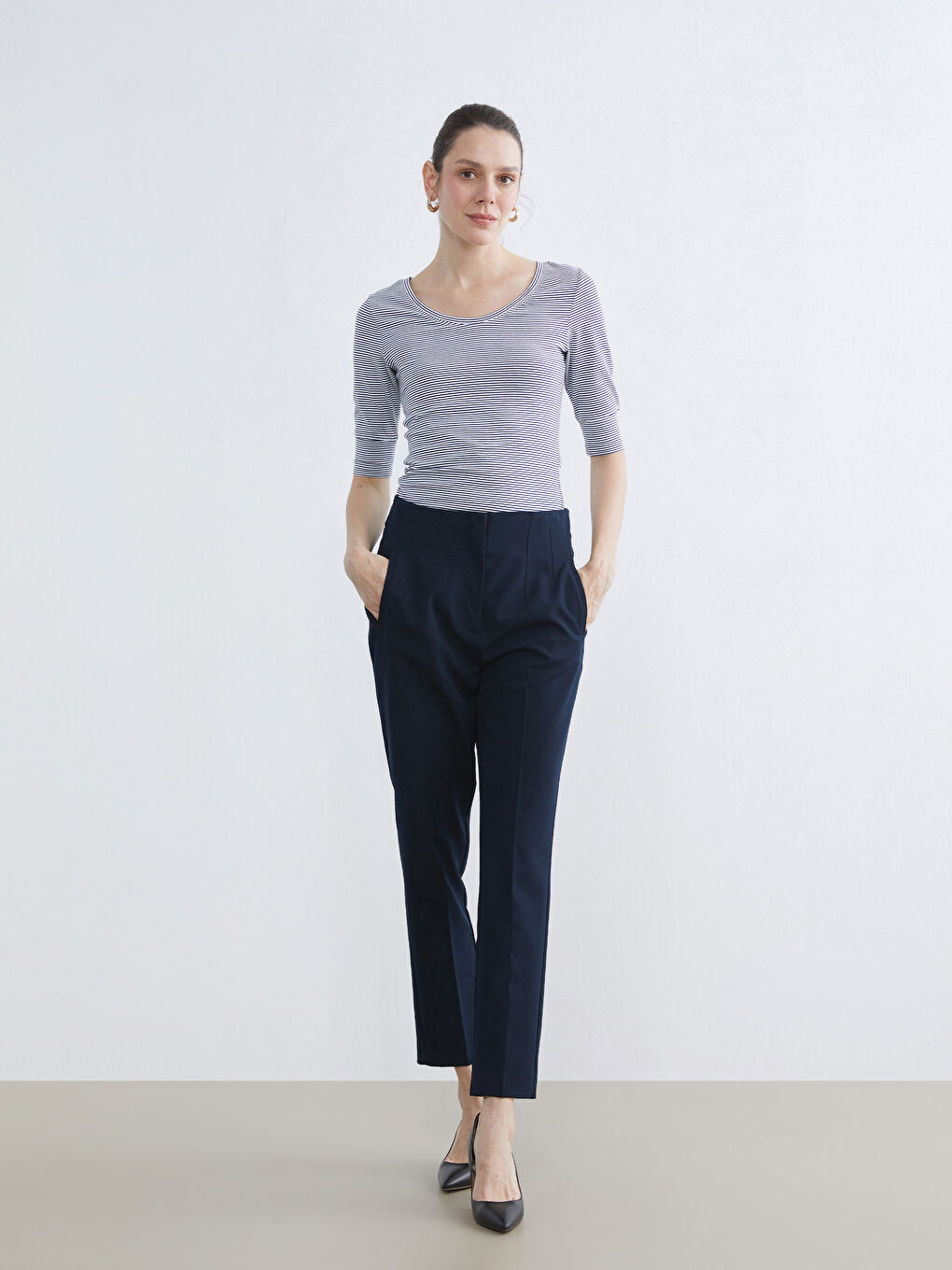 V Neck Striped Women's T-Shirt-1