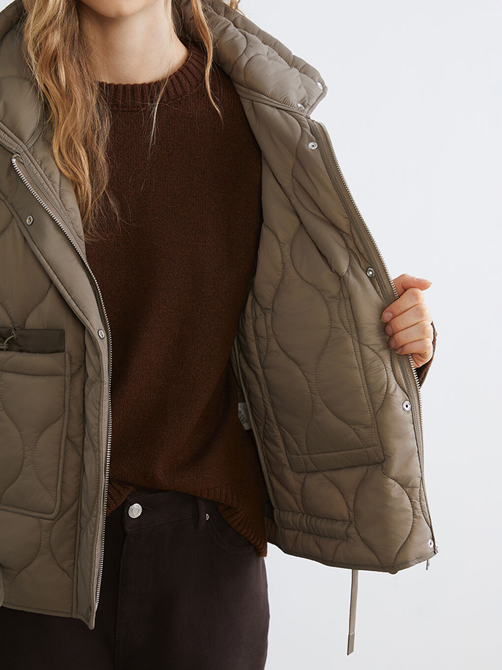 Haki Dik Yaka Kapitone Kadın Mont-3