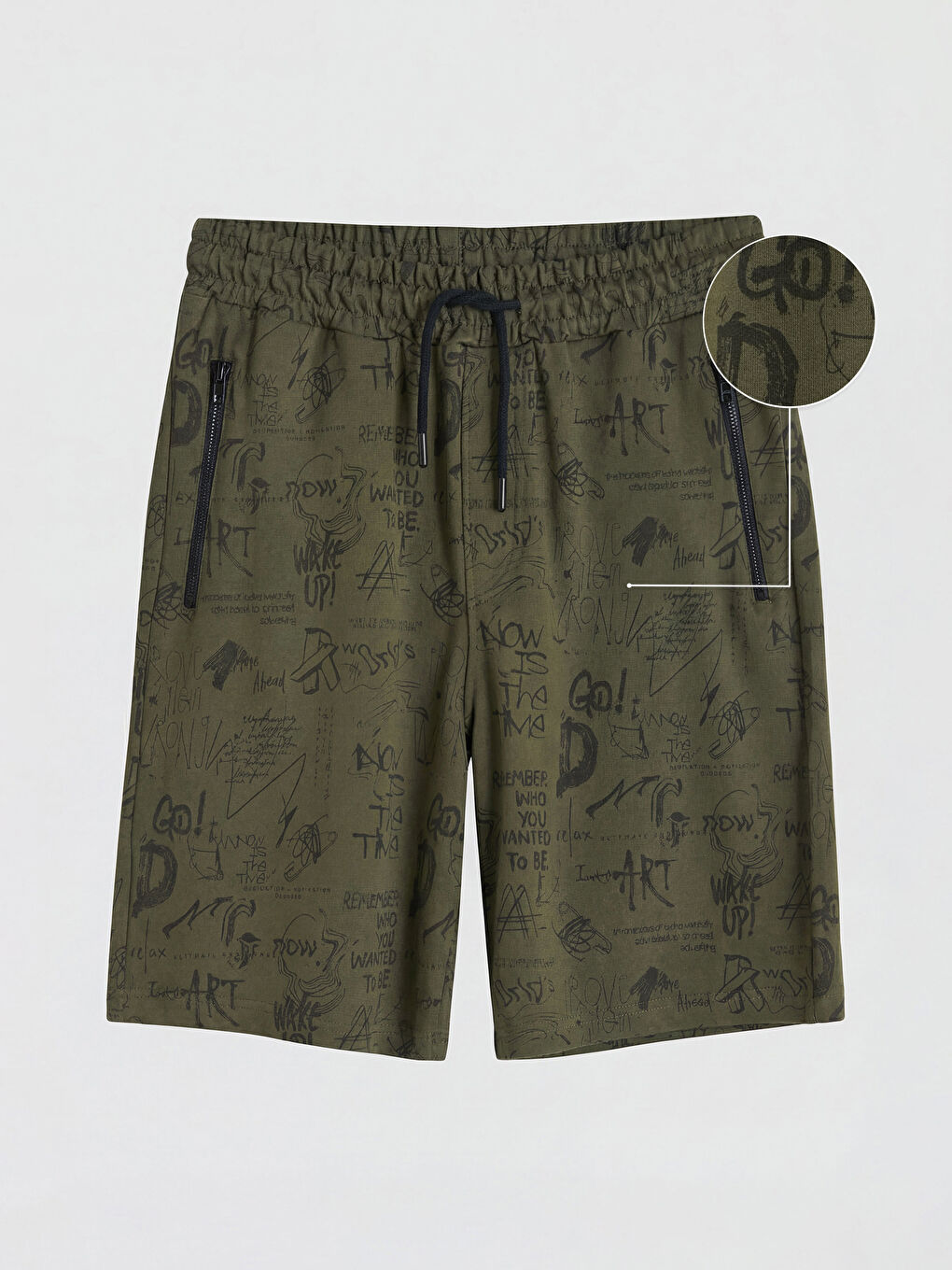 Haki Standart Kalıp Baskılı Erkek Şort