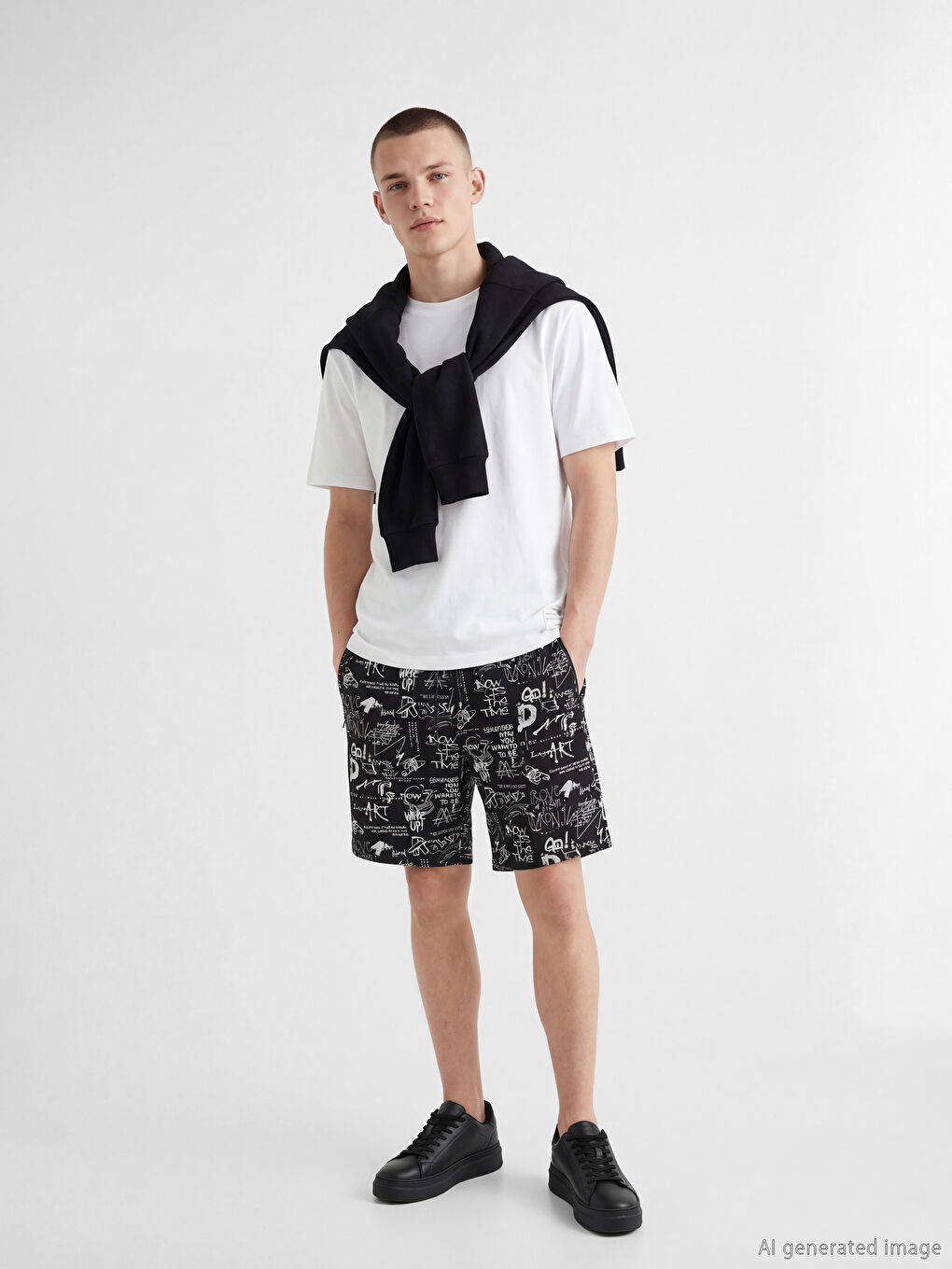 Siyah Standart Kalıp Baskılı Erkek Şort