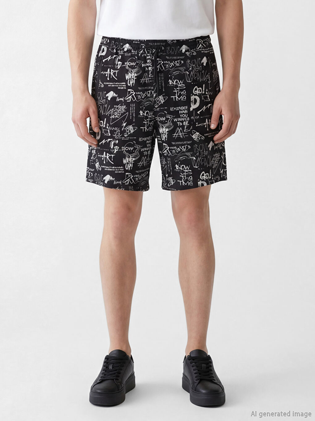 Siyah Standart Kalıp Baskılı Erkek Şort-1