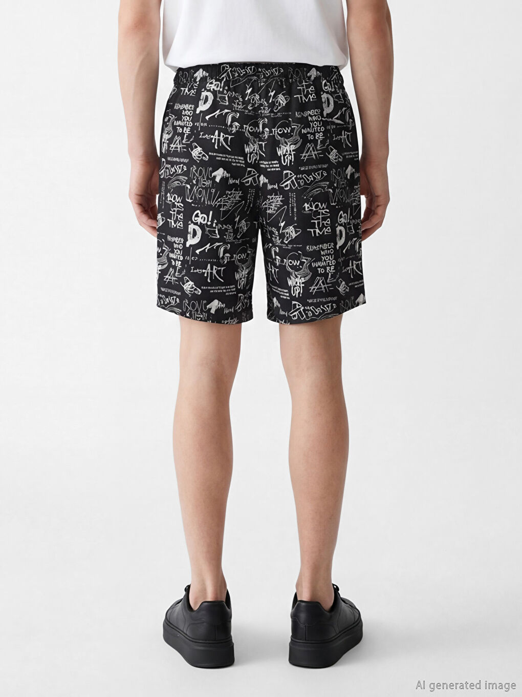 Siyah Standart Kalıp Baskılı Erkek Şort-3