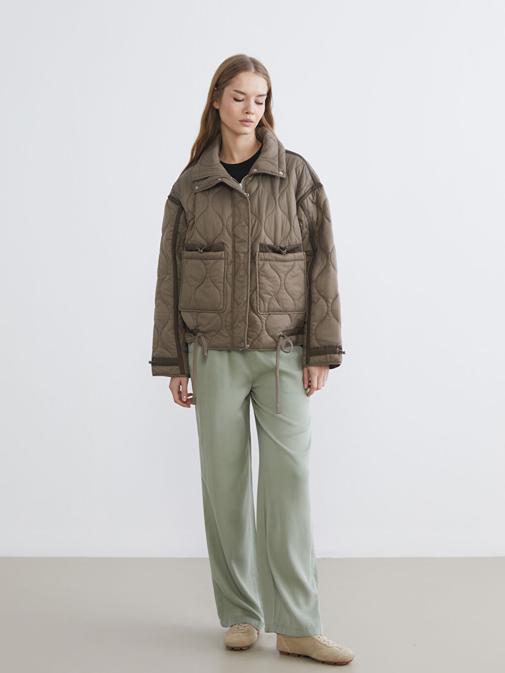 Funnel Neck Quilted Women's Puffer Coat-1