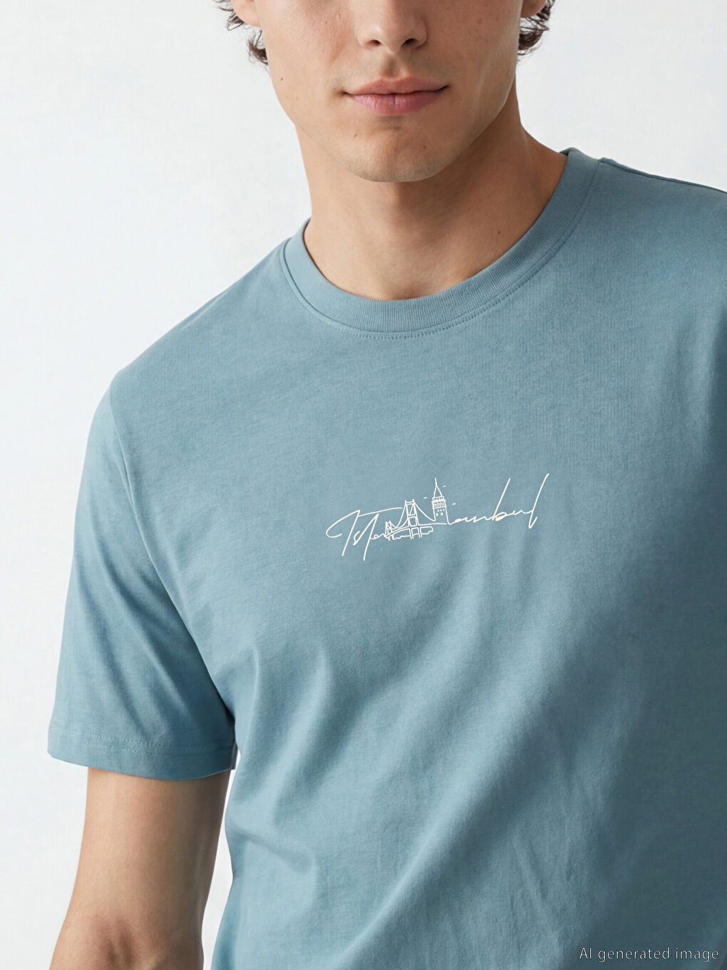 Mavi İstanbul Baskılı Bisiklet Yaka Erkek Tişört-2