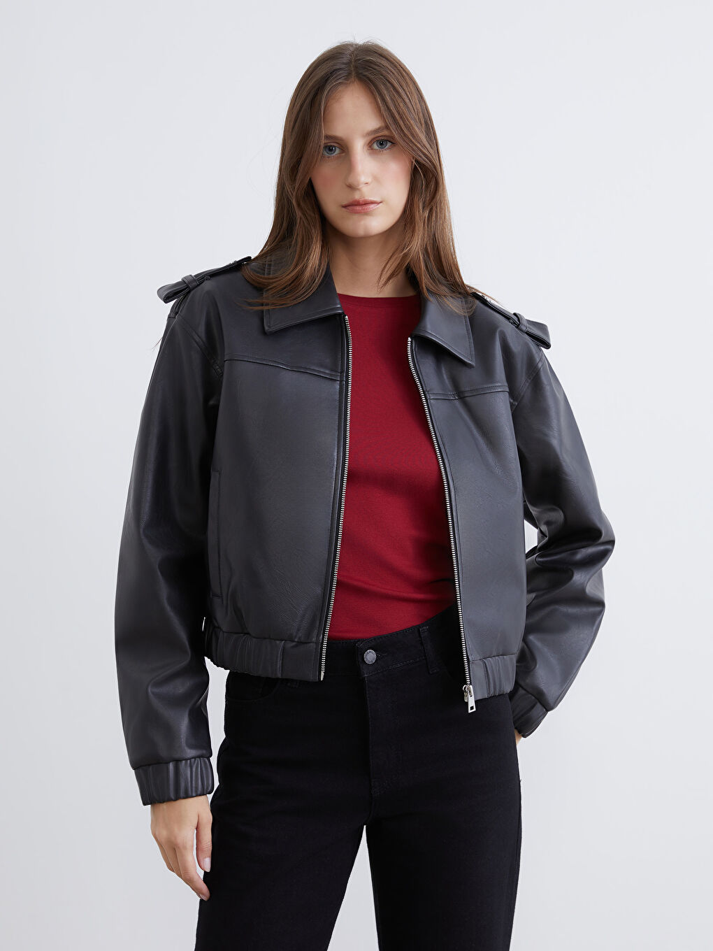 Collared Neck Women's Faux Leather Jacket