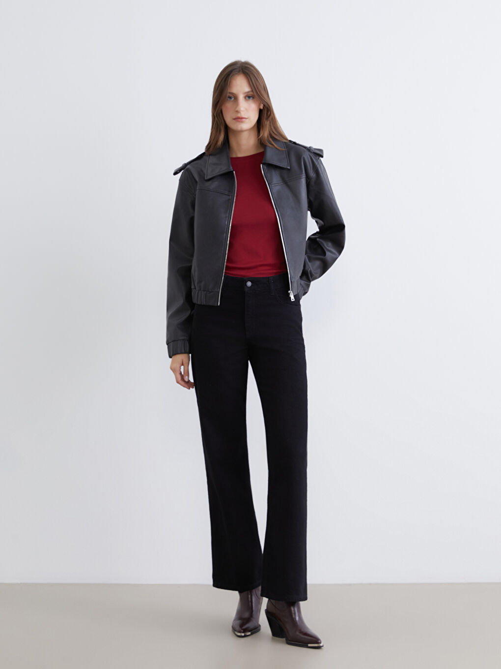 Collared Neck Women's Faux Leather Jacket-1