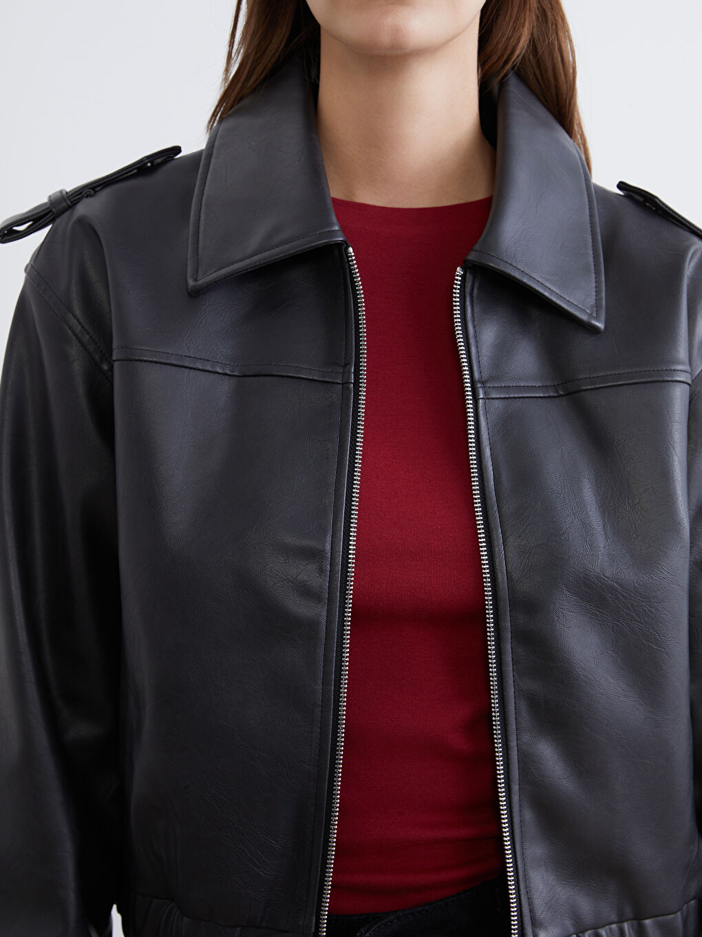 Collared Neck Women's Faux Leather Jacket-2