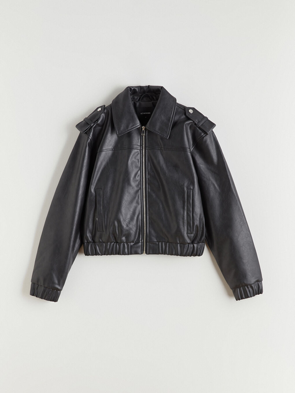 Collared Neck Women's Faux Leather Jacket-5