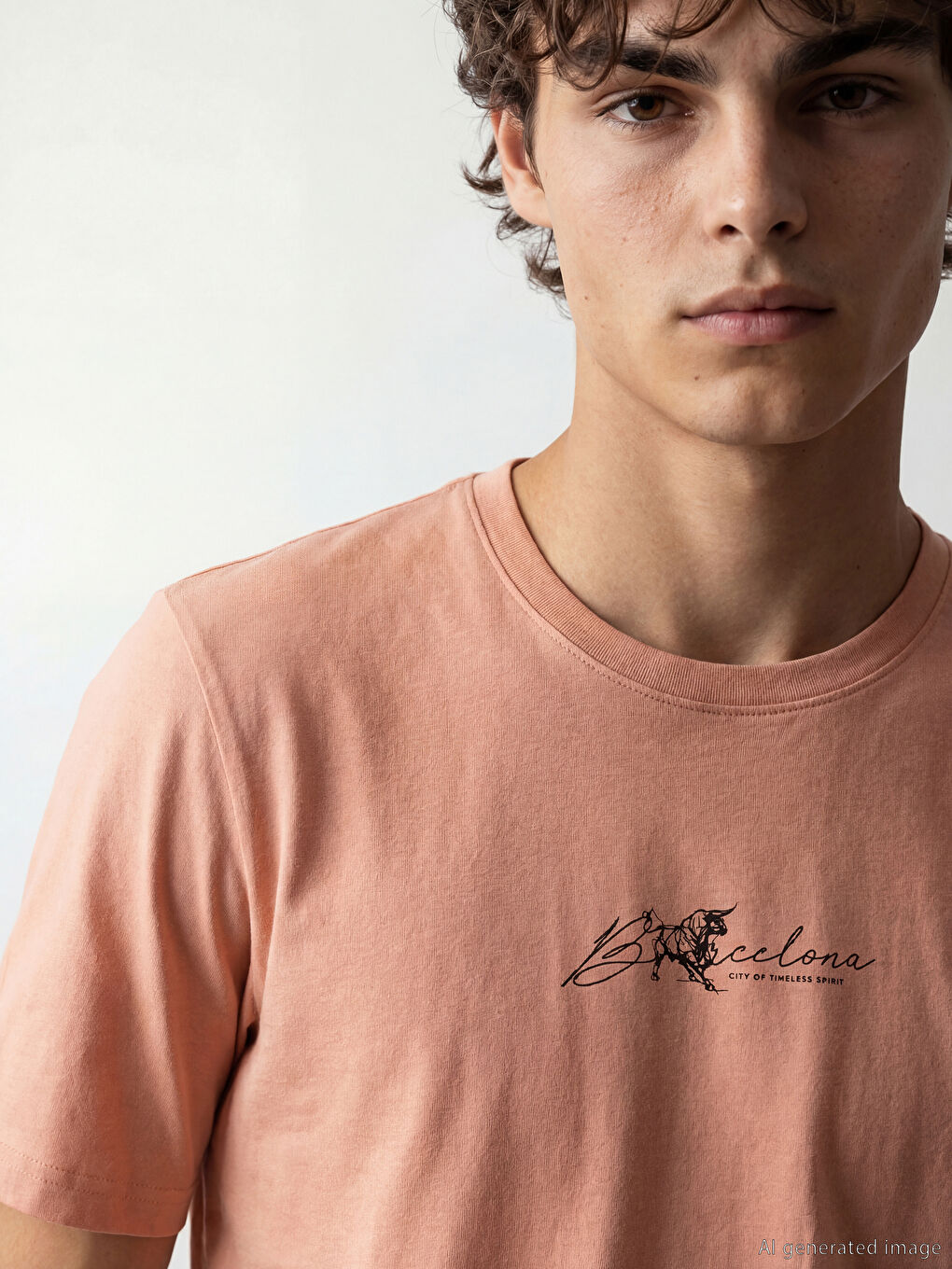 Mercan Bisiklet Yaka Barcelona Baskılı Erkek Tişört-2
