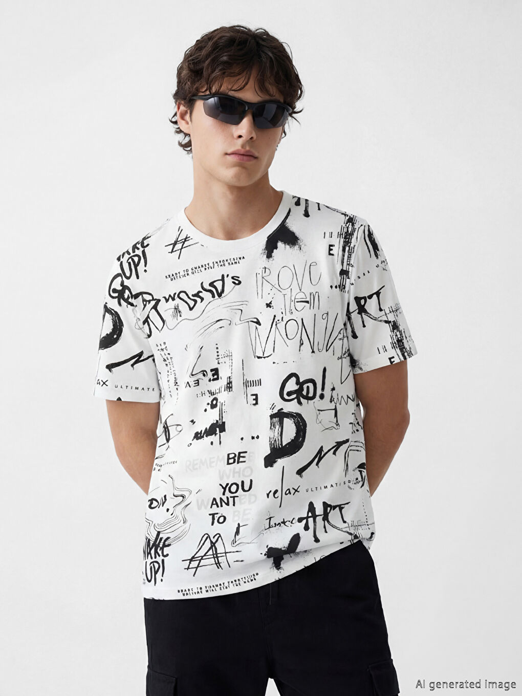 Ekru Bisiklet Yaka Yazı Baskılı Erkek Tişört-1